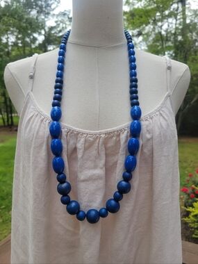 Vintage Lucite & Wood Blue Beaded Statement Necklace